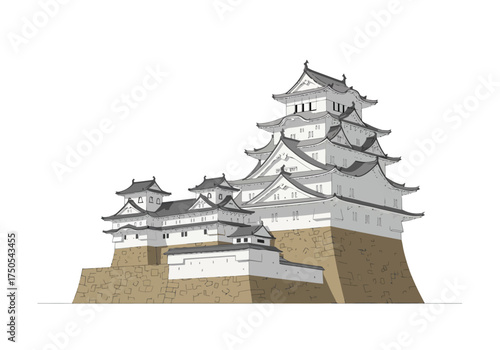 Illustration of a traditional Japanese castle with multiple tiers.
