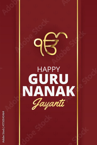 Guru Nanak Jayanti poster card with Ik Onkar Sikh religious symbol. Sikhism celebration design, vertical greeting festival background. Punjab Gurpurab template. Vector illustration