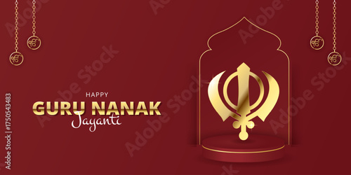Guru Nanak Jayanti banner with Khanda Sikh, Ik Onkar religious symbol. Sikhism celebration design, greeting festival background. Punjab Gurpurab concept. Vector illustration