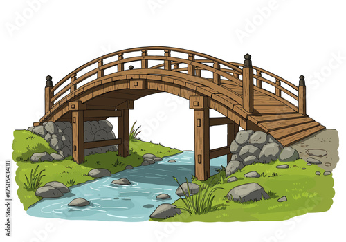 Cartoon Illustration of a Wooden Arched Bridge over a Stream.