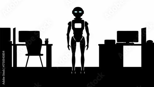 Robotic assistant stands ready in modern office environment, symbolizing future of work and technology integration