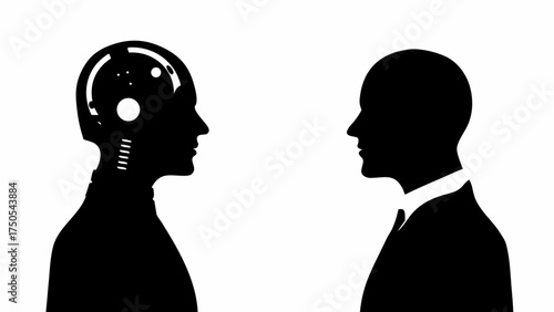 Robot and human silhouettes face each other symbolizing AI integration and future technology collaboration