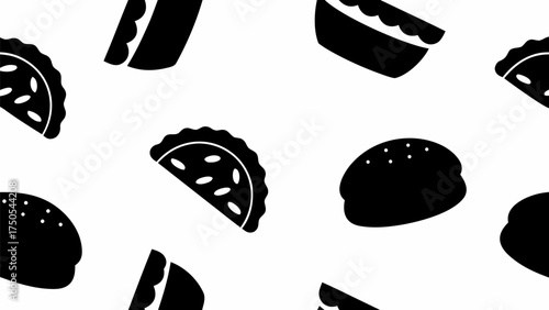 Stylized black and white food pattern featuring tacos and burgers, perfect for culinary branding and design