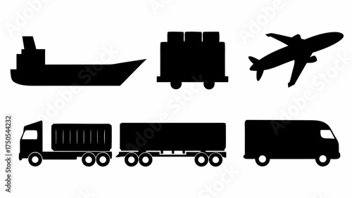Dynamic transport collection featuring ship airplane truck trailer and van for global logistics and delivery solutions