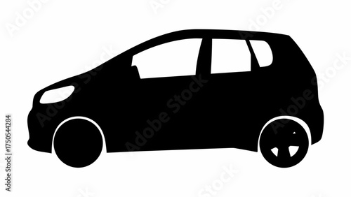 Sleek black silhouette of a modern compact car, perfect for urban transport and city driving concepts.