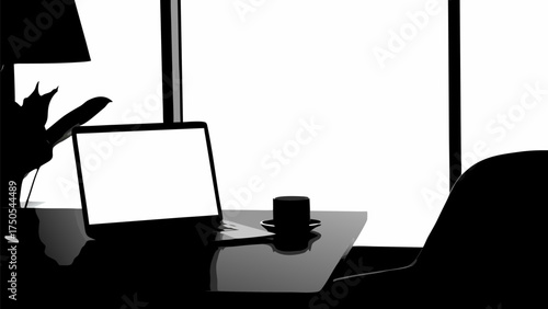 Modern minimalist workspace with tablet, coffee cup, and lamp creating a focused and productive atmosphere