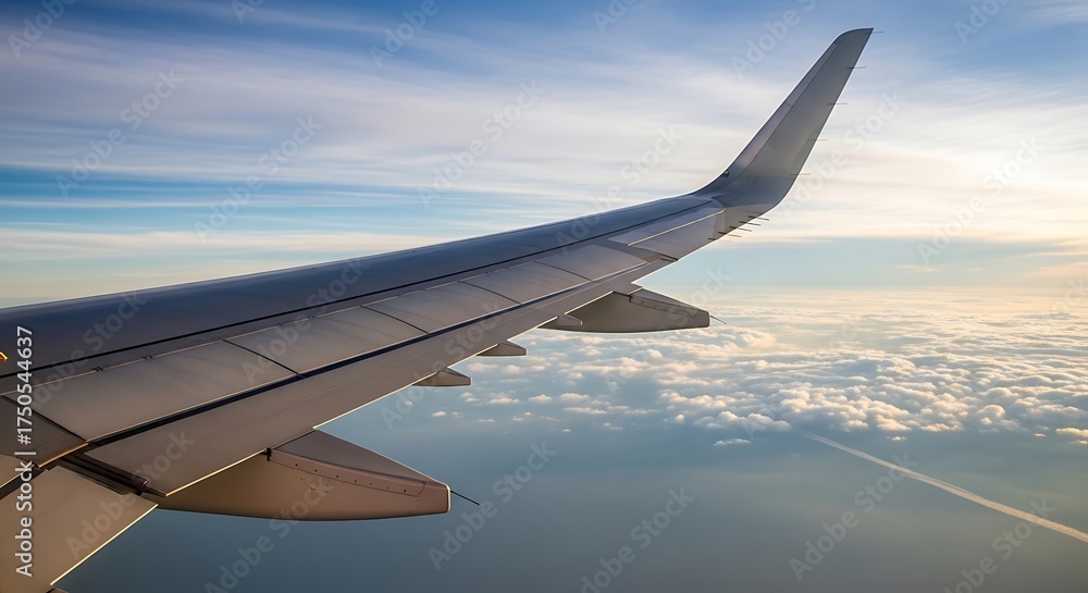 Fototapeta premium Airplane Wing Soaring Above Clouds - A Journey Through the Sky.