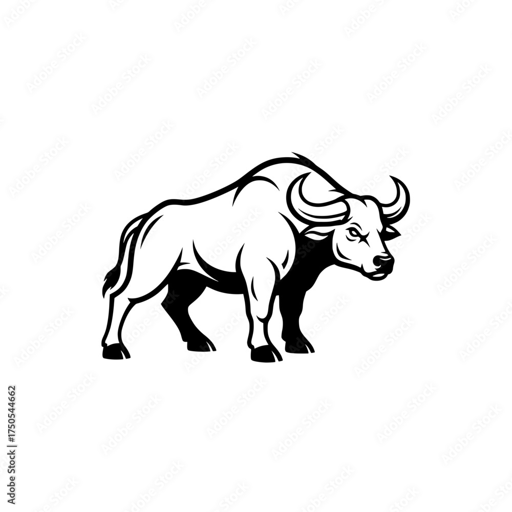 Obraz premium Monochrome Illustration of a Powerful Buffalo with Horns Emblem of Strength and Wilderness