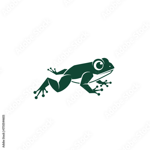 Simple green tree frog icon in a leaping position. A stylized amphibian logo symbolizing wildlife, nature, and the environment. Vector illustration