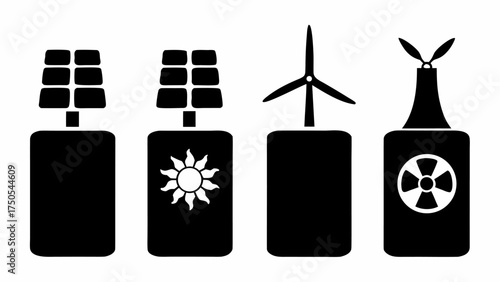 Diverse renewable energy sources symbolized by icons solar wind nuclear power sustainability concepts