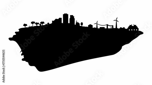 Modern city skyline silhouette with wind turbines and houses showcasing urban development and renewable energy integration