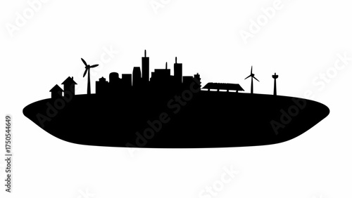 Modern city skyline with wind turbines and solar panels symbolizing sustainable urban development and clean energy