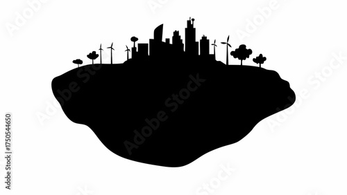 Modern sustainable city skyline with wind turbines and green trees symbolizing clean energy future