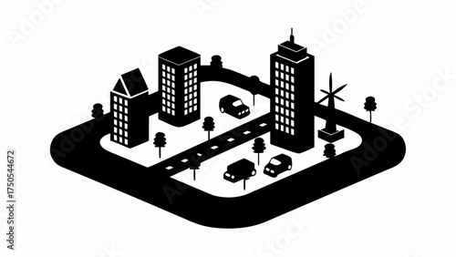 Modern cityscape with skyscrapers, cars, trees, and wind turbine creating a vibrant, sustainable urban environment