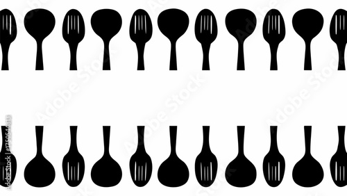Elegant black silhouettes of various spoons and slotted spoons create a classic culinary pattern