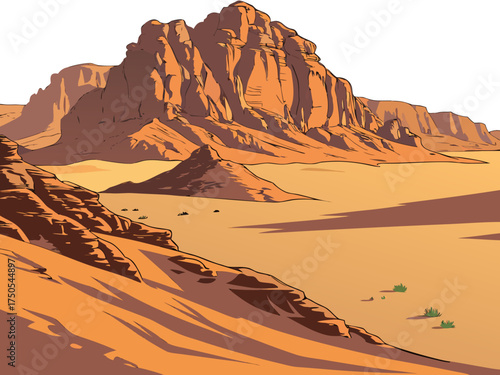 A panoramic desert mountain range at golden hour sunrise or sunset on a white background