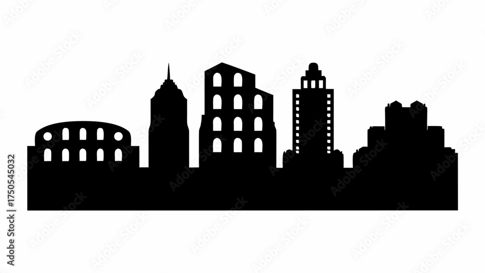 Obraz premium Dynamic cityscape silhouette showcasing modern architecture and historic landmarks, perfect for urban branding and design projects.