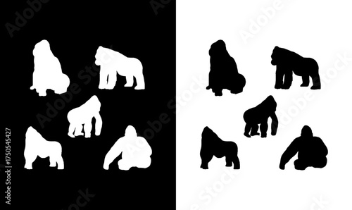 gorilla silhouette set vector illustration, chimpanzee silhouette set vector illustration, chimpanzee, gorilla, silhouette, black, vector, design, art, illustration, icon, symbol, abstract, vintage,