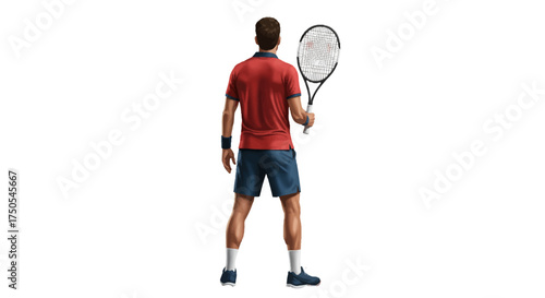 A tennis player in a red shirt and blue shorts holds a racket, viewed from behind.