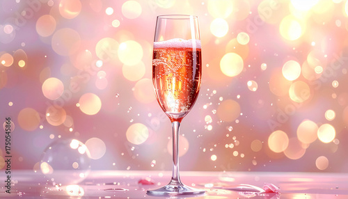 Sparkling rosé in champagne flute with rising bubbles, blurred bokeh background
