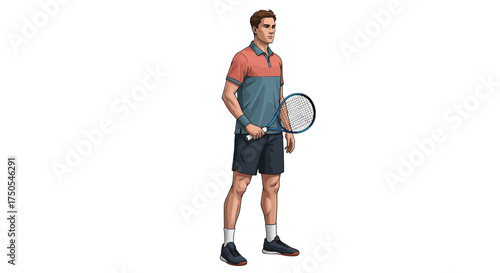 A man in athletic attire stands holding a tennis racket, ready for a match.