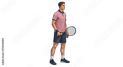 Illustration of a tennis player holding a racket, wearing a polo shirt and shorts.