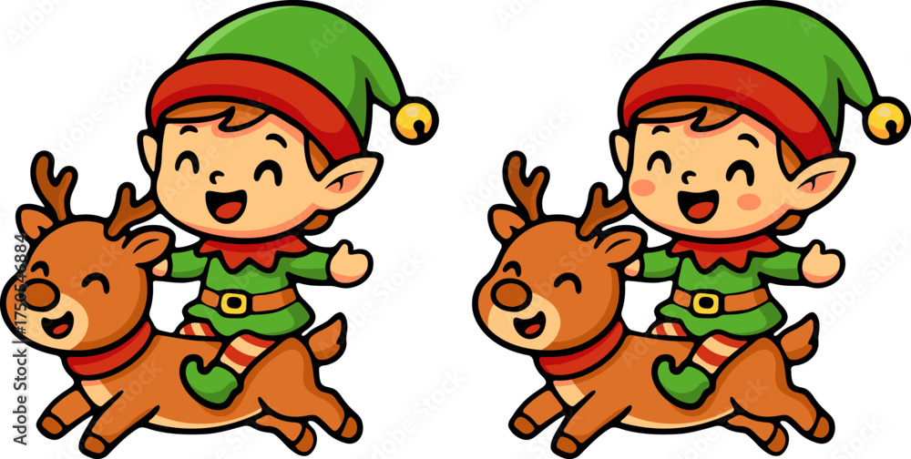 Fototapeta premium Joyful elf riding reindeer magical winter wonderland cute cartoon scene playful festive environment whimsical viewpoint