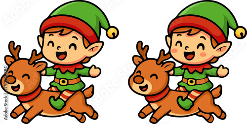 Joyful elf riding reindeer magical winter wonderland cute cartoon scene playful festive environment whimsical viewpoint
