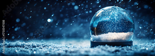 A snow globe on the ground with snow falling around it, against a dark blue background.