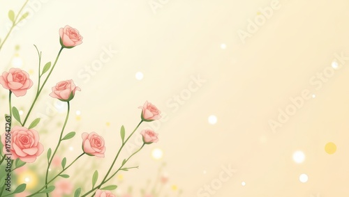Pink roses delicately bloom against a soft, pastel background, their petals subtly shaded with watercolor effects.