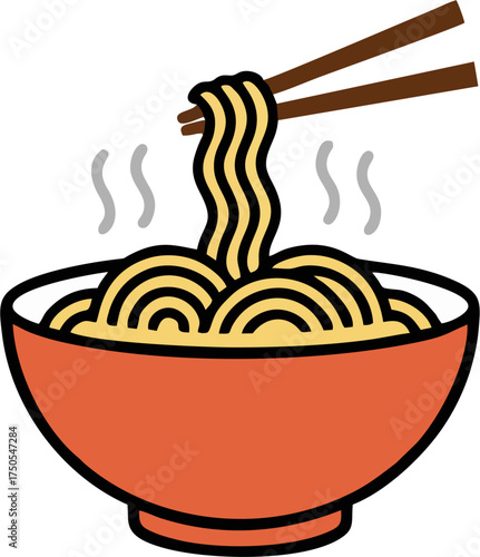 Minimalist Vector Illustration of Steaming Instant Noodle Bowl with Chopsticks Isolated