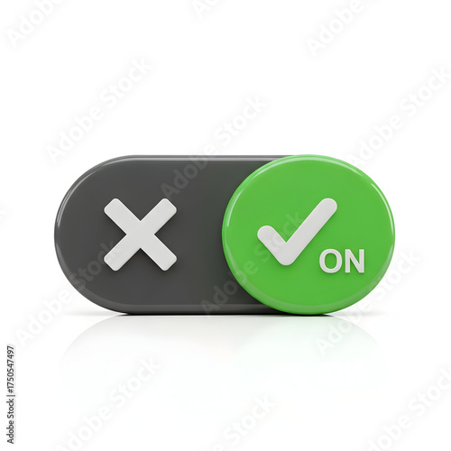 Toggle switch in the ON position with a checkmark and 'ON' text, representing activation or selection.
