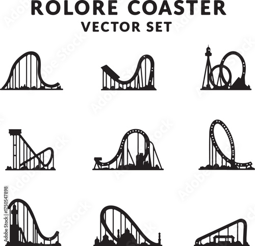 Black silhouette roller coaster rides vector set amusement park