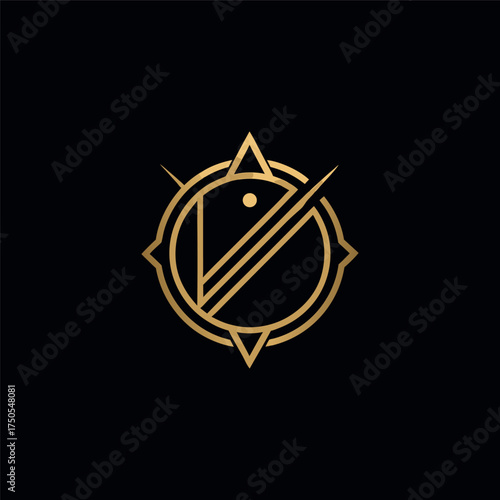 Create a modern luxury logo with a geometric compass-inspired design in gold color on a dark background, featuring clean lines and minimal style