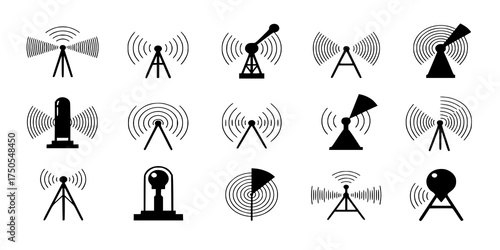 Signal radio waves icon wireless tech radar vector symbols graphic set, antenna detection sonar transmission rays, beacon acoustic sound voice locator station, transmitter frequency element image
