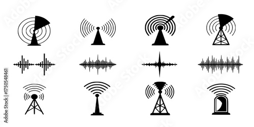 Signal radio waves icon wireless tech radar vector symbols graphic set, antenna detection sonar transmission rays, beacon acoustic sound voice locator station, transmitter frequency element image