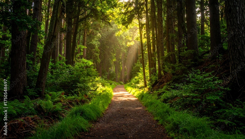 Fototapeta premium Trail through a sun-drenched forest, sunlight piercing through the canopy