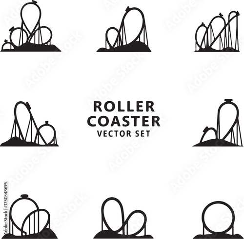 Black silhouette roller coaster vector set amusement park