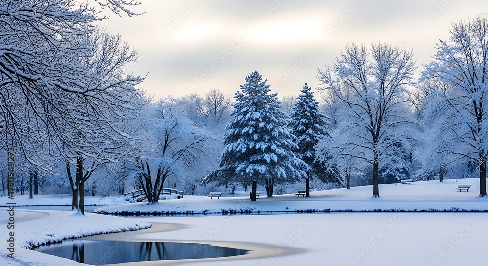 Fototapeta premium Winter Wonderland - Snow-Covered Trees and Frozen Pond Landscape.