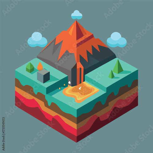 A colorful isometric illustration of an erupting volcano island with lava flow, trees, rocks, and surrounding ocean, in a 3D cartoon style