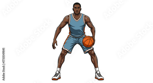 A muscular African American basketball player in a light blue uniform dribbling a basketball.