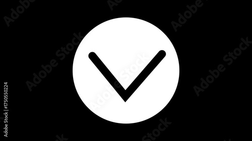 White circle with down arrow icon animation on a black background.