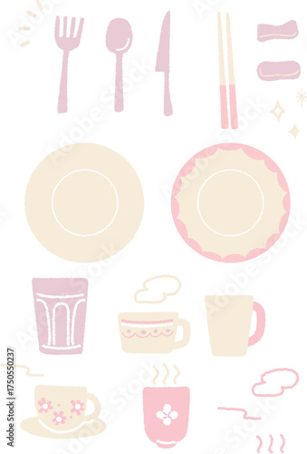 淡いピンク色の食器のイラストのセット