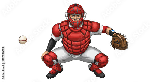 A baseball catcher in full gear, crouched low, ready to catch the incoming ball during a game.