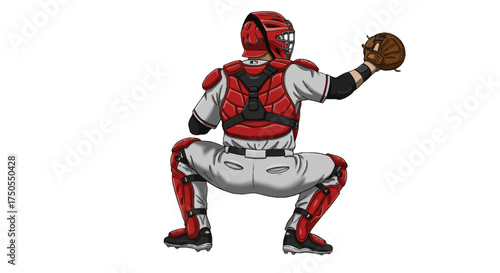Baseball catcher in red gear holding a ball, viewed from behind.