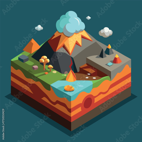 A colorful isometric illustration of an erupting volcano island with lava flow, trees, rocks, and surrounding ocean, in a 3D cartoon style