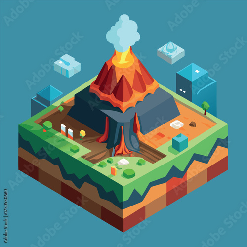 A colorful isometric illustration of an erupting volcano island with lava flow, trees, rocks, and surrounding ocean, in a 3D cartoon style