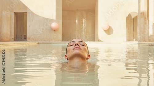 Serene Spa Day: Woman Floating in a Minimalist Pool Under Soft Sunlight