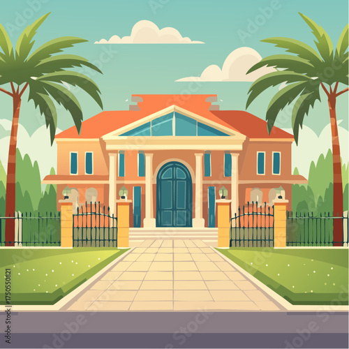 Opulent mansion entrance with grand driveway, ornate gates, and lush palm trees
