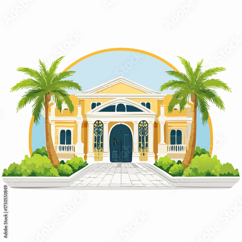 Opulent mansion entrance with grand driveway, ornate gates, and lush palm trees